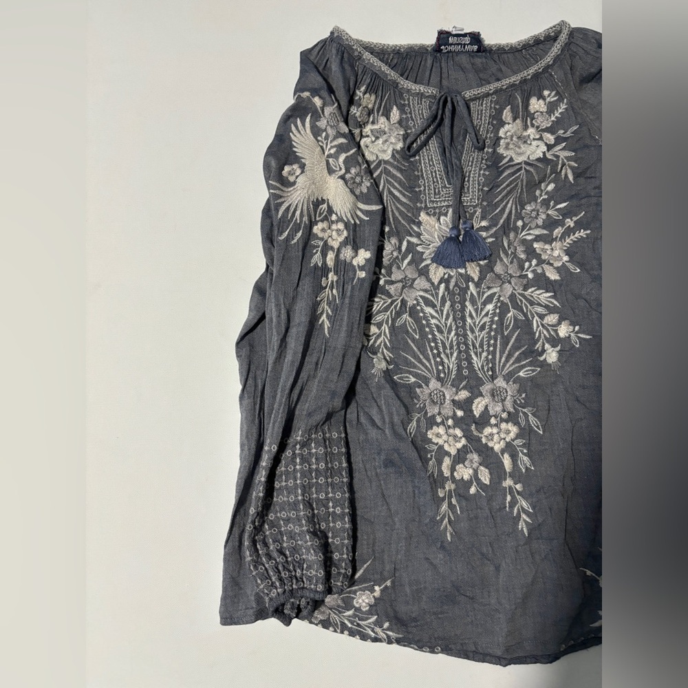 Johnny Was Workshop Oleander Marrakesh Blouse Chambray White Blue Size XS - Picture 5 of 11